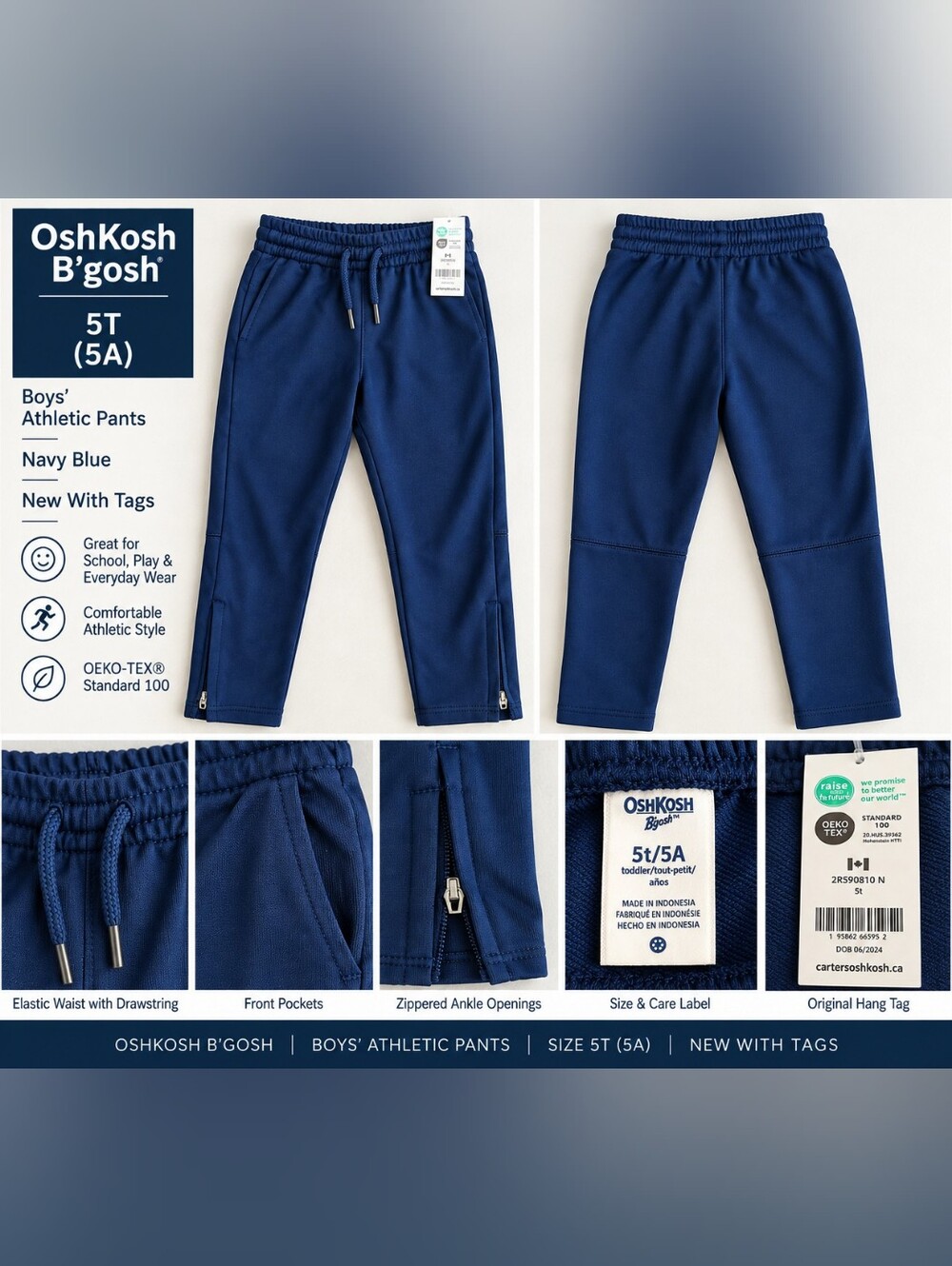 OshKosh Boys Navy Athletic Jogger Pants Zip Ankle NWT 5T